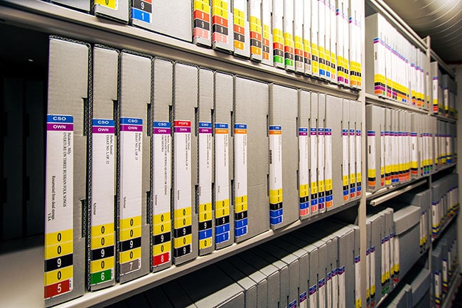 Boxed Sheet Music Stored on 4-Post Shelving