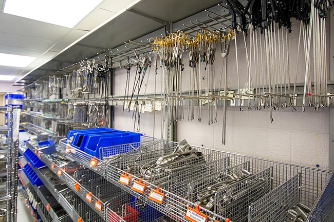 FrameWRX Shelving with Wire Baskets and Pegs Storing Medical Equipment