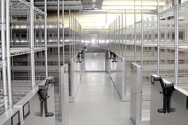 High-Density Mobile Shelving in Medical Laboratory