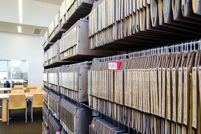 Sheet Music Stored on Cantilever Shelving with Hanging Rails