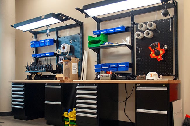 Workbench and Cabinets for Athletic Equipment and Maintenance