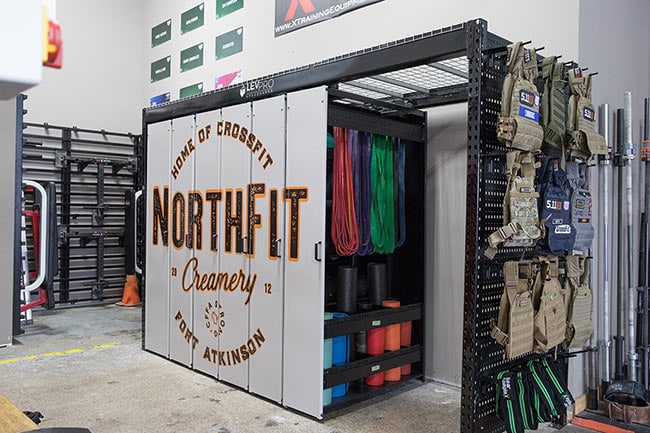 Athletic Training Gear Stored in LEVPRO Suspended Mobile Shelving