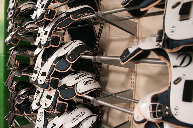 Football Shoulder Pad Storage on Cantilever Shelving with Hanging Rods