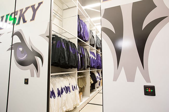 Game Day Coaches Gear Stored in Electrical Powered Compact Shelving
