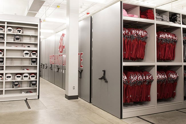 Jersey Storage on Hanging Shelves in Mechanical-Assist Moveable Shelving