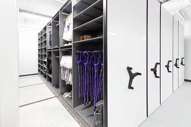 Lacrosse Equipment Stored on High-Density Mobile Shelving