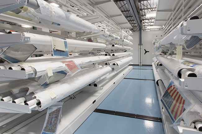 Mechanical-Assist Mobile Shelving Storing Flags and Textiles