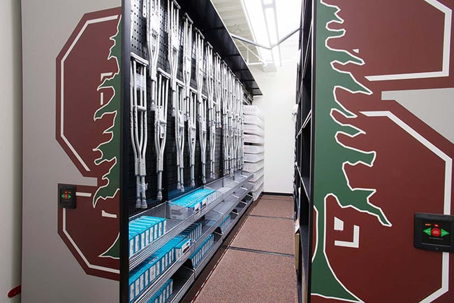 Powered Mobile Shelving Storing Crutches and Athletic Trainer Supplies