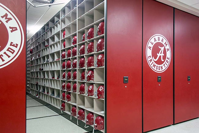 Powered Mobile Shelving Storing Football Helmets