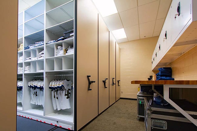 Staff Work Area with Workbench Cabinets and Mobile Shelving