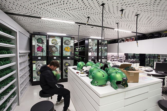 Workbench and Shelving for Football Helmet Repair Storage