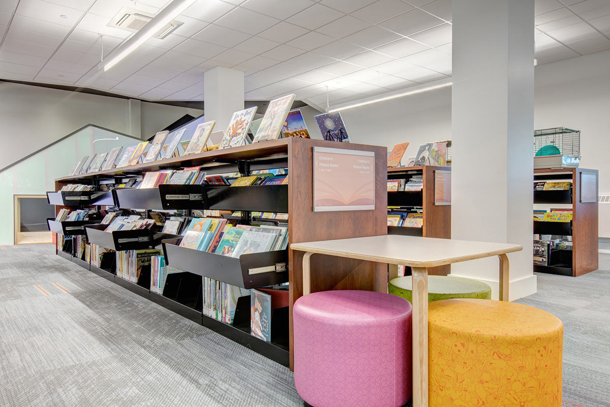 Cantilever Library Shelving with Pull-Out Drawers