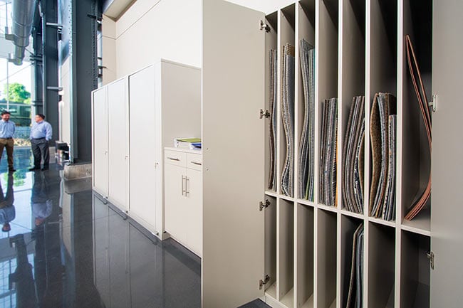Modular Laminate Cabinets Storing Carpet and Other Samples