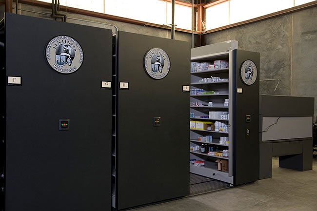 Pharmacy Supplies Stored in Powered Mobile Shelving