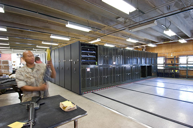 Universal Weapons Rack on Powered Mobile Shelving
