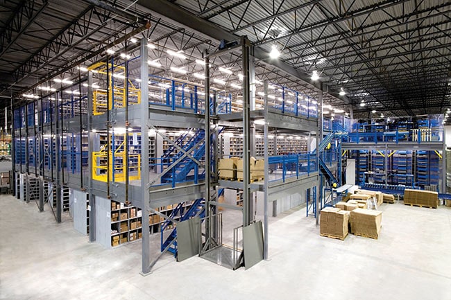 Two-Level Mezzanine System with Shelving Storage